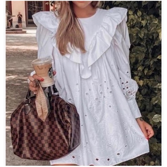 Zara Women Ruffle Openwork Embroidered White  Dress Bloggers Favorite, Medium - Picture 8 of 16